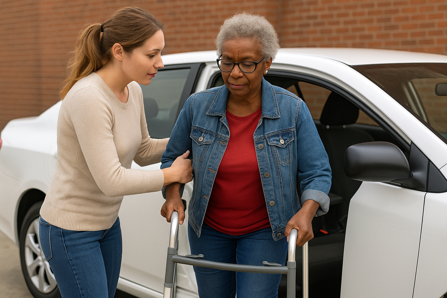 OdyCare Transport staff assisting elderly patient during non-emergency medical ride in Port St. Lucie