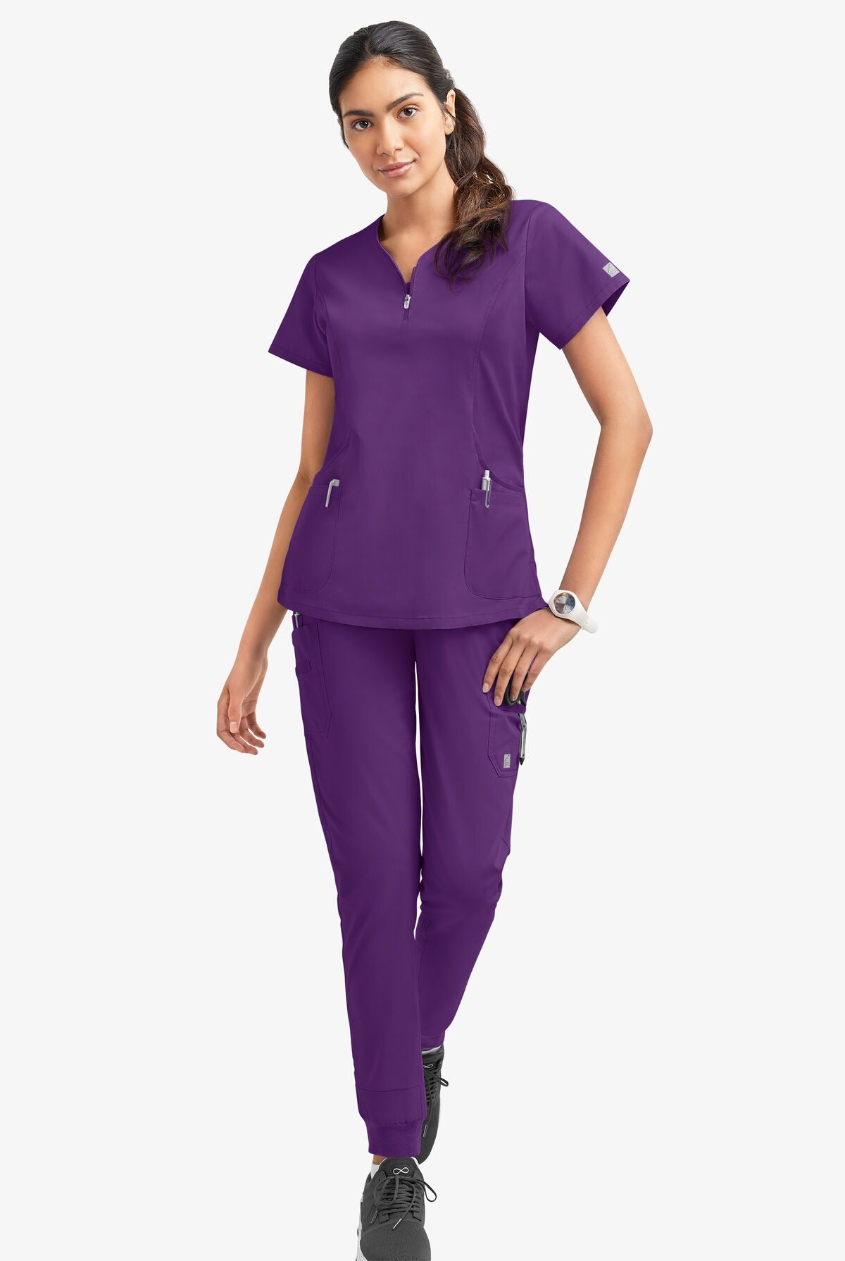 Butter-Soft STRETCH Women's 4-Pocket Curved Neck Zipper Scrub Top