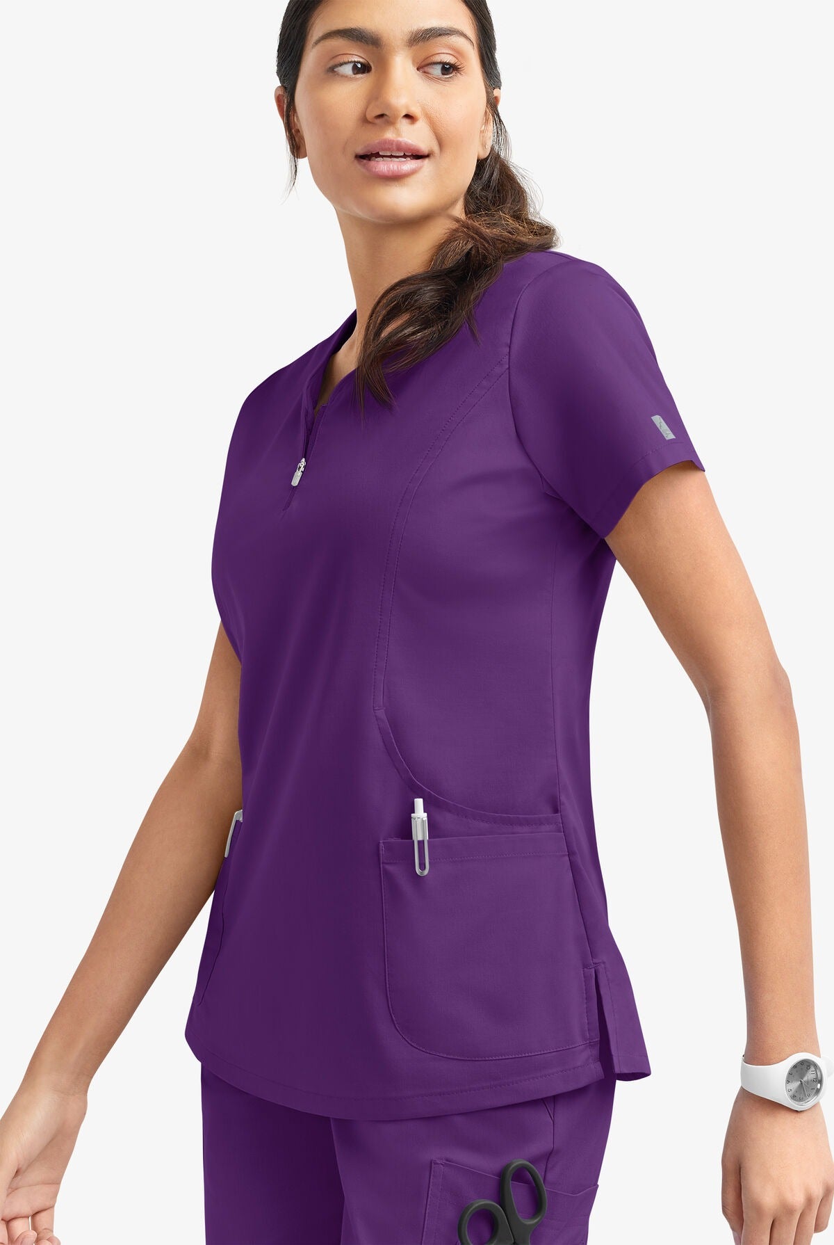 Butter-Soft STRETCH Women's 4-Pocket Curved Neck Zipper Scrub Top