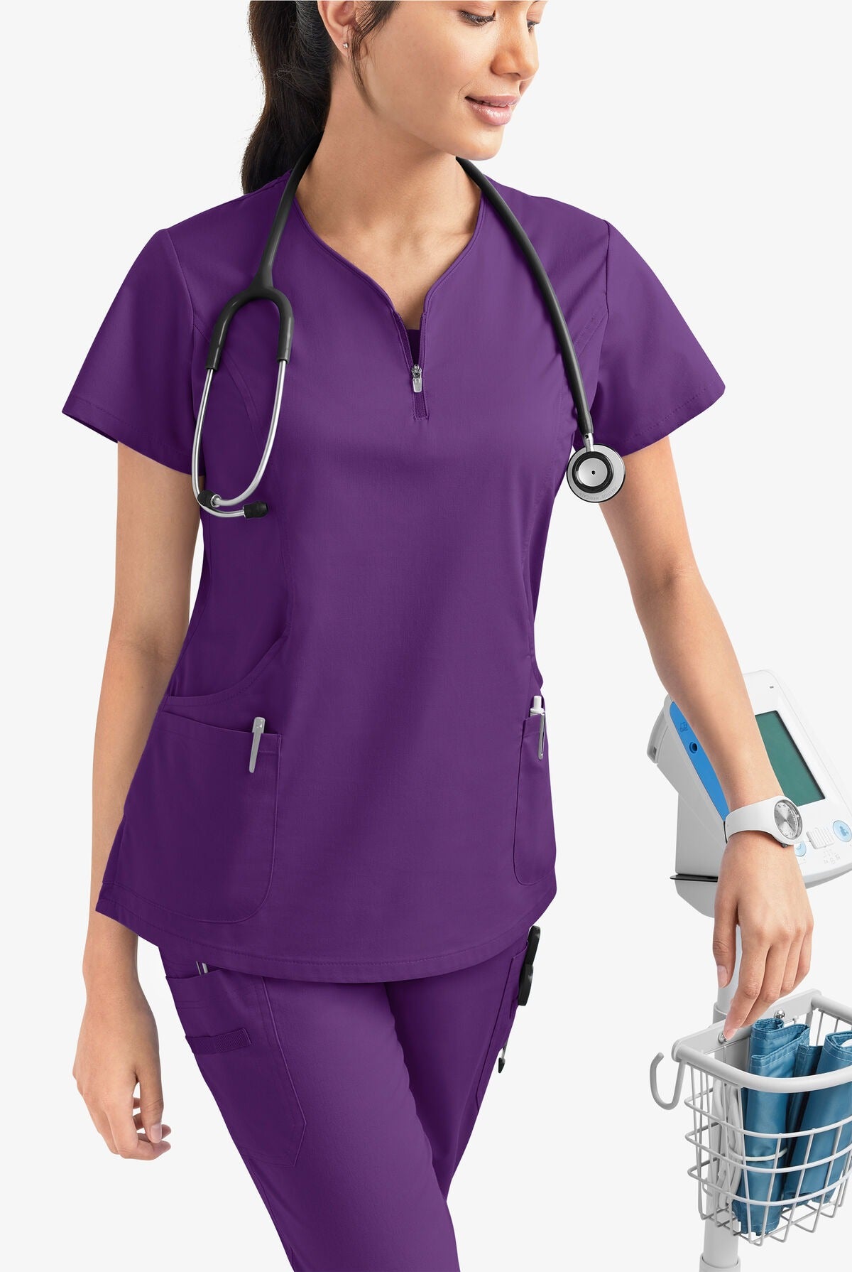 Butter-Soft STRETCH Women's 4-Pocket Curved Neck Zipper Scrub Top