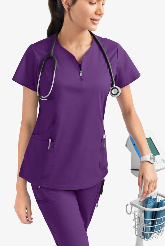 Butter-Soft STRETCH Women's 4-Pocket Curved Neck Zipper Scrub Top