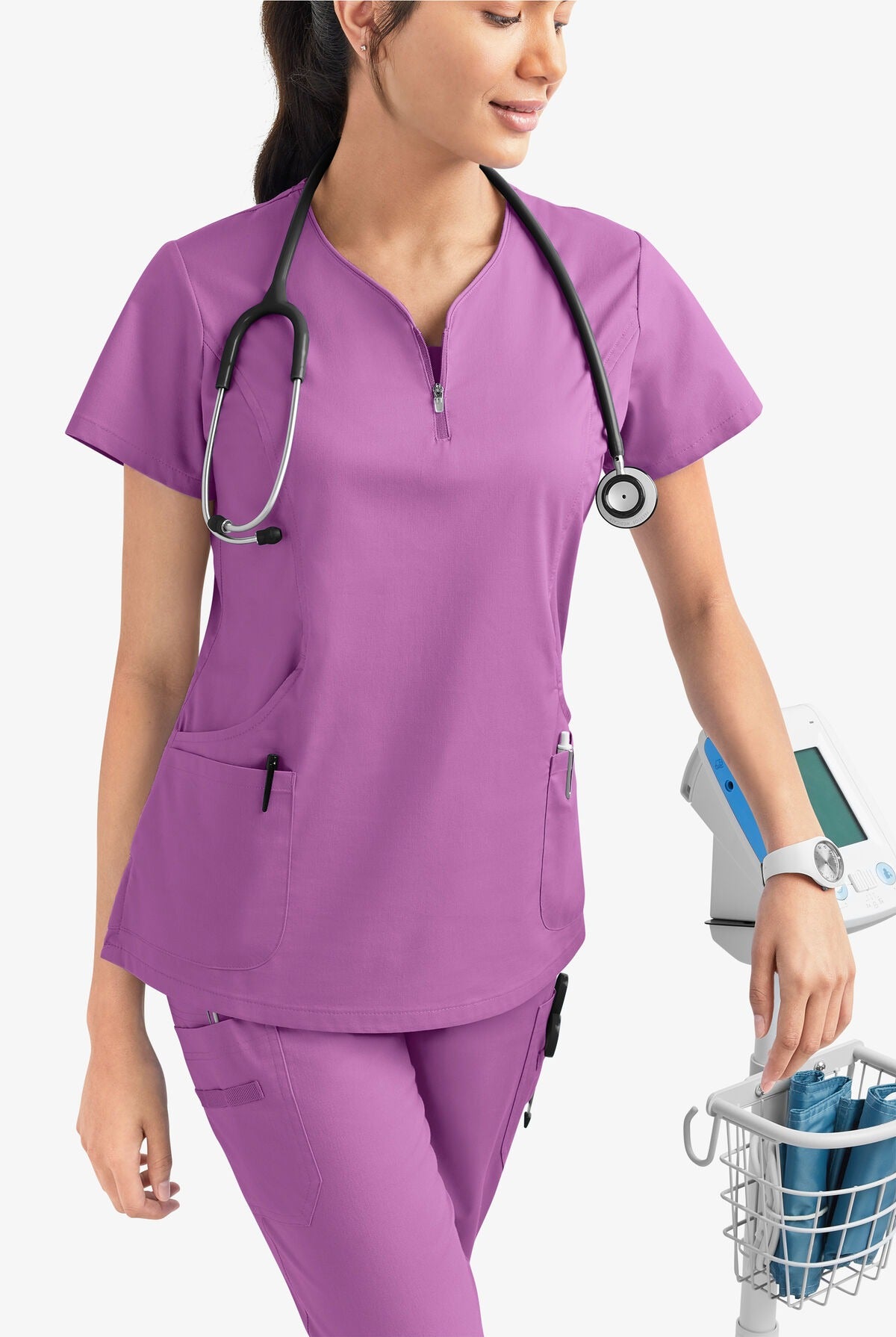 Butter-Soft STRETCH Women's 4-Pocket Curved Neck Zipper Scrub Top