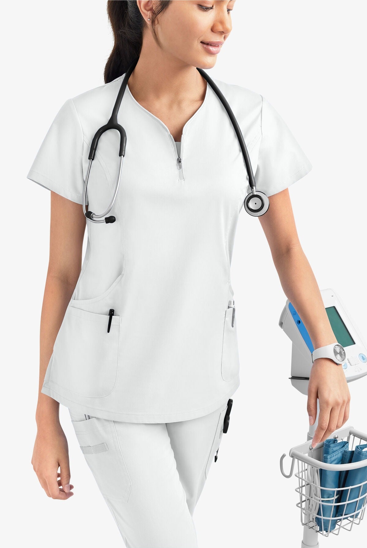 Butter-Soft STRETCH Women's 4-Pocket Curved Neck Zipper Scrub Top